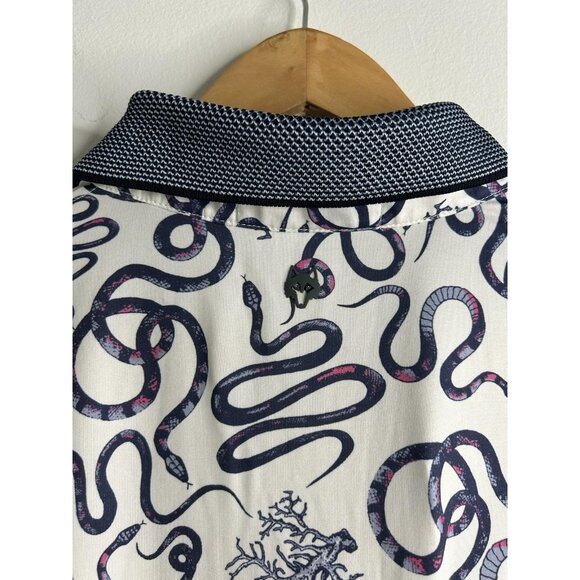 Greyson Polo Shirt Mens L White Navy Purple Snake Print Golf Performance Stretch - Picture 5 of 9